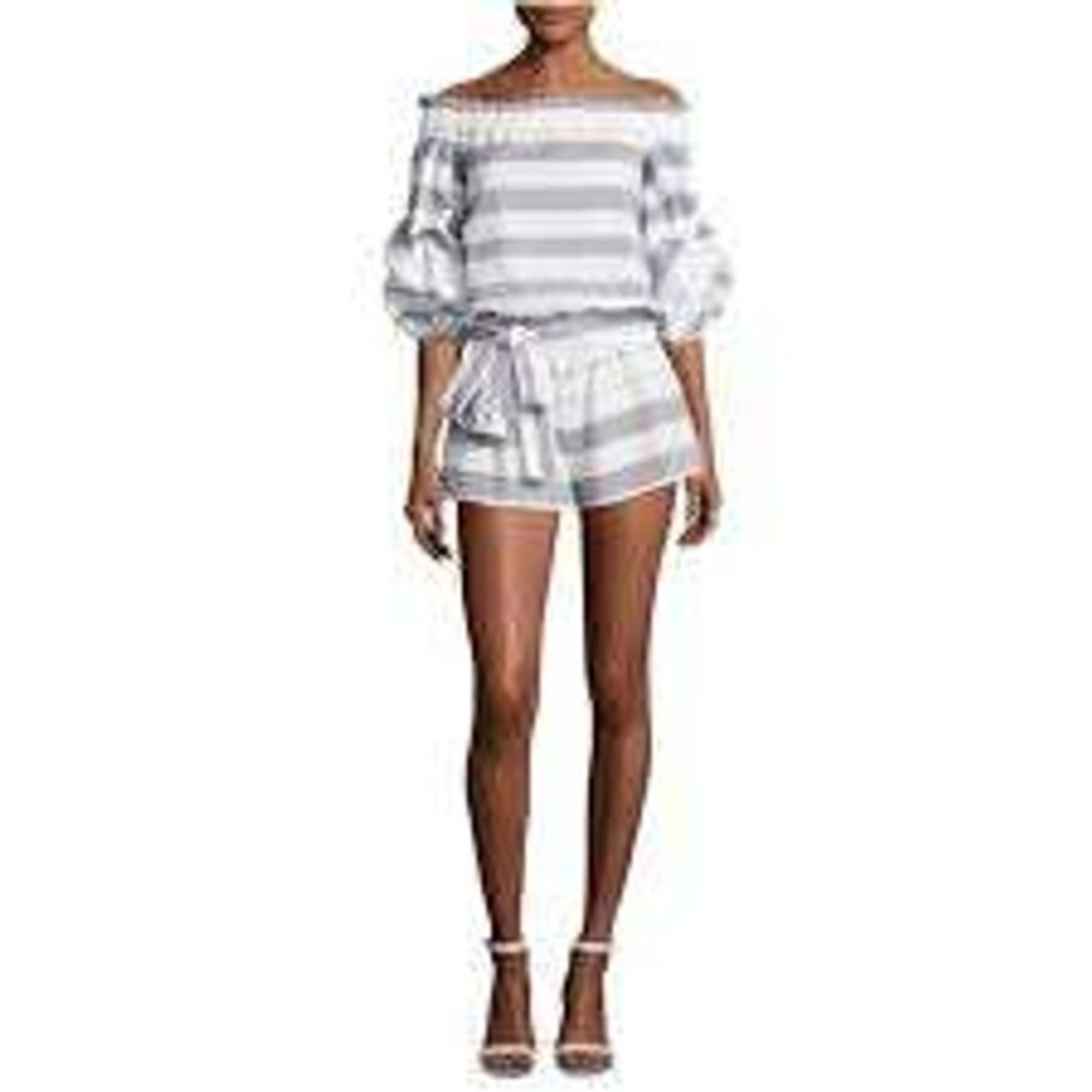 Alexis North Romper Striped Sz M Off Shoulder Coquette Milkmaid French Resort